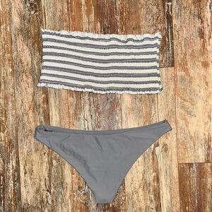 Zaful Striped Bandeau Bikini - White and Gray